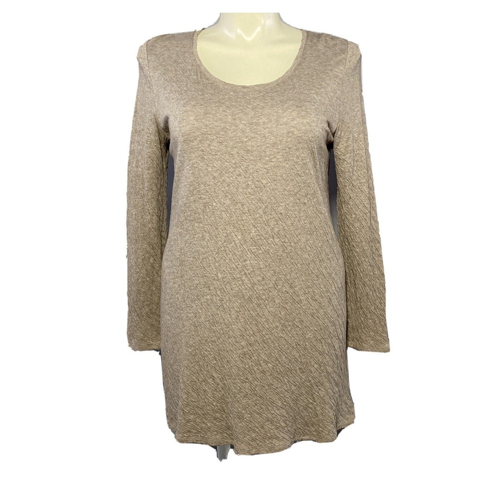 Pure Jill Top MED Heather Beige Brown Crinkle Texture Long Sl‎ Tunic Casual Work